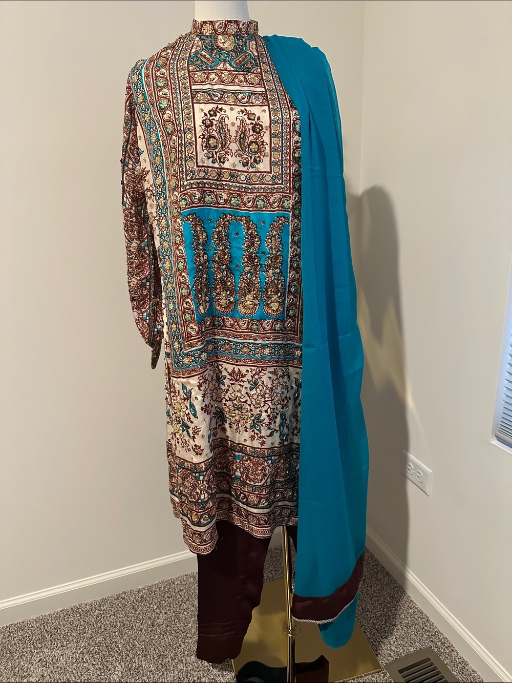 Teal and Brown Sequence Printed Long open Sleeve Women’s Shalwar Kameez